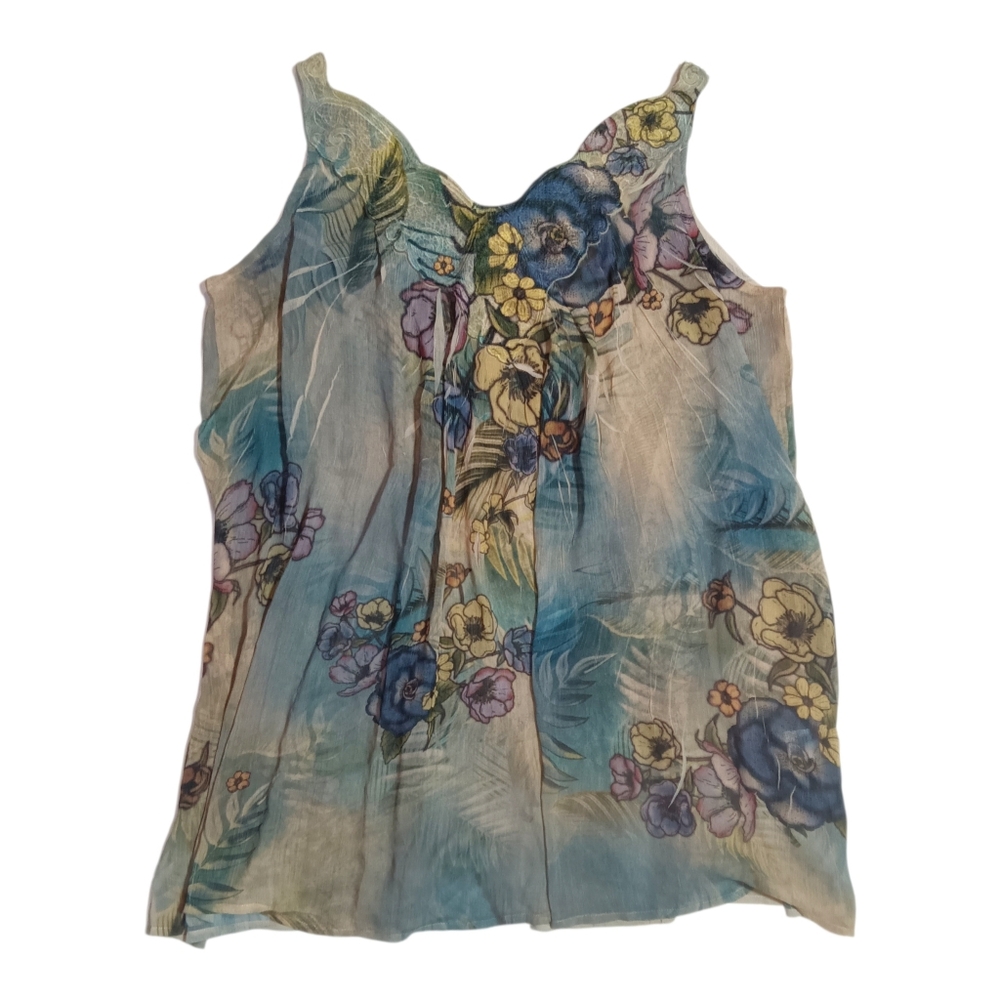 Mushka By Sienna Rose Blue Floral Sleeveless V-Neck Tank Top L Boho Sheer Blouse